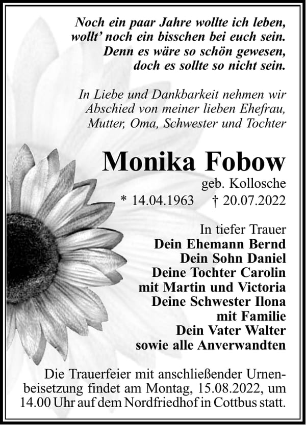 Traueranzeige Monika Fobow, geb. Kollosche