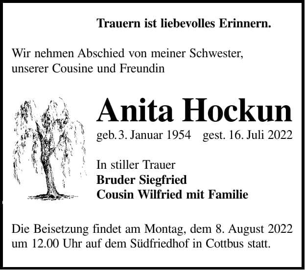 Traueranzeige Anita Hockun