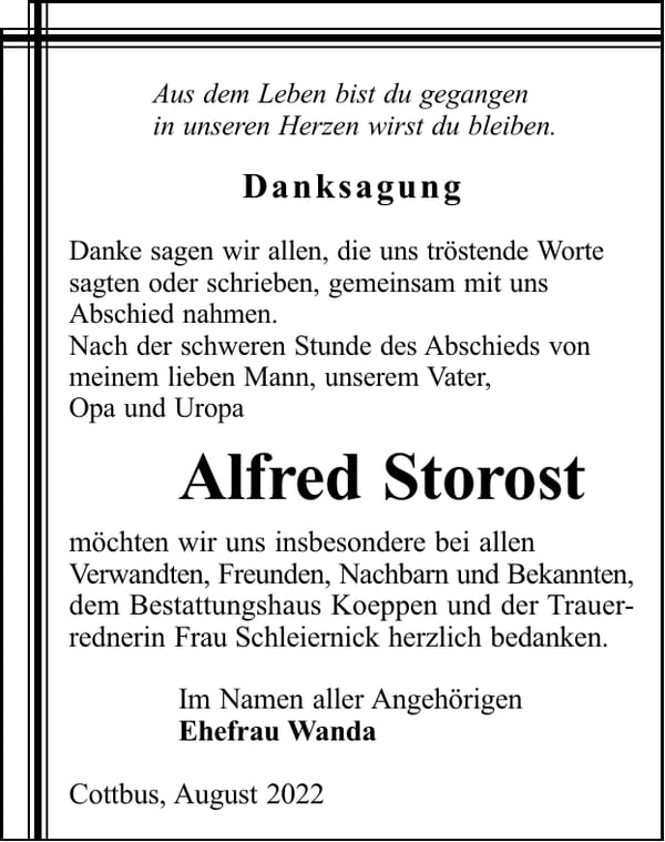 Danksagung Alfred Storost
