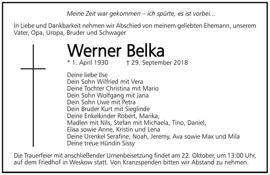 Traueranzeige Werner Belka