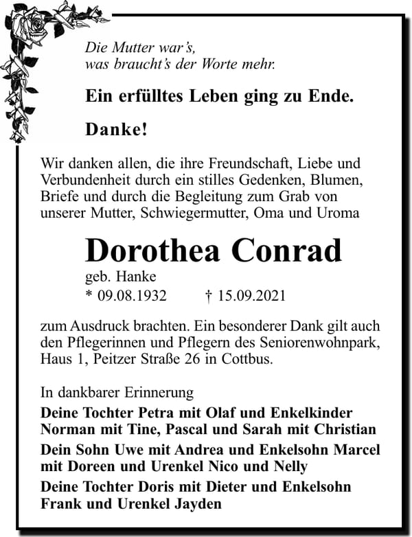 Danksagung Dorothea Conrad, geb. Hanke