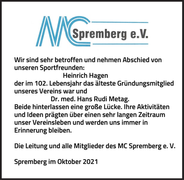 Nachruf Heinrich Hagen und Dr. med. Hans Rudi Metag