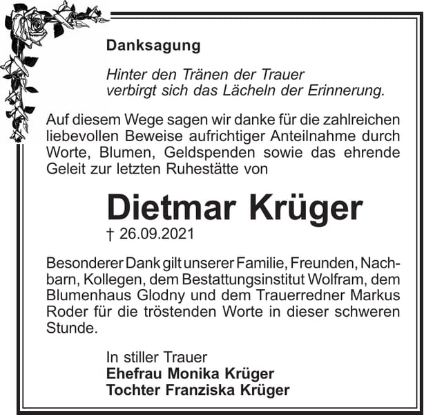 Danksagung Dietmar Krüger