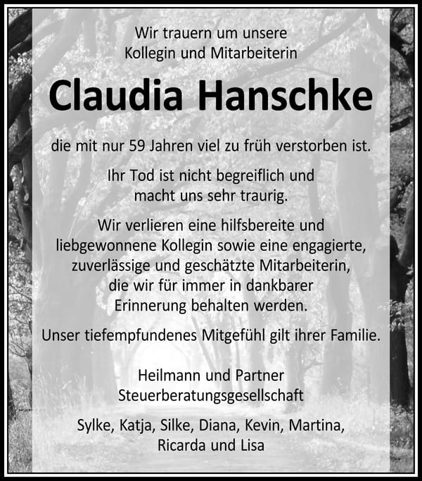 Nachruf Claudia Hanschke