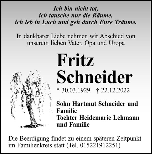 Traueranzeige Fritz Schneider