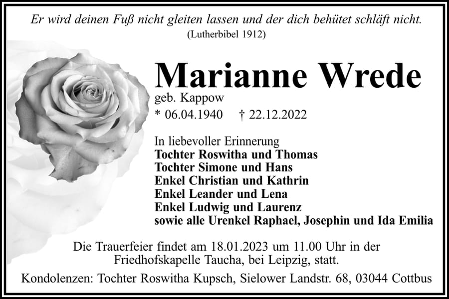 Traueranzeige Marianne Wrede, geb. Kappow