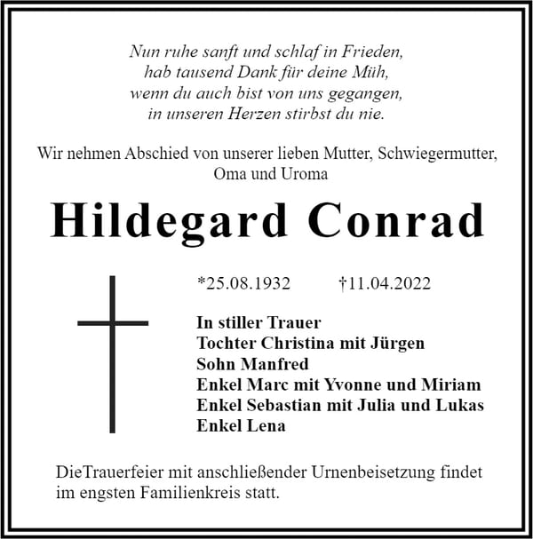 Traueranzeige Hildegard Conrad