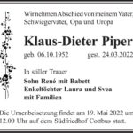 Traueranzeige Klaus-Dieter Piper