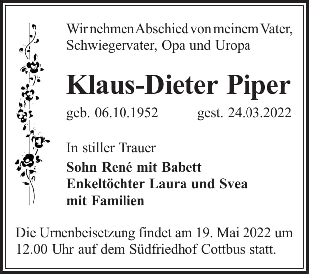Traueranzeige Klaus-Dieter Piper