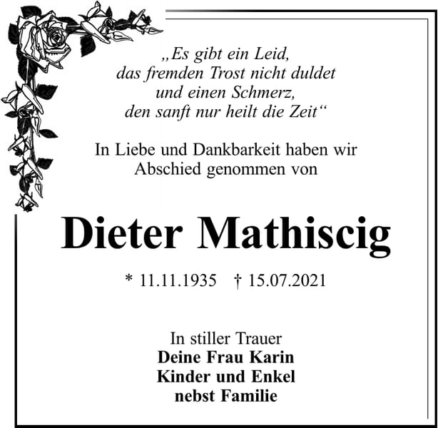 Traueranzeige Dieter Mathiscig