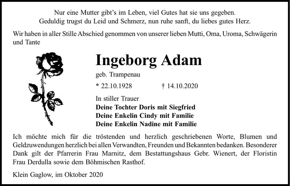 Traueranzeige Ingeborg Adam, geb. Trampenau