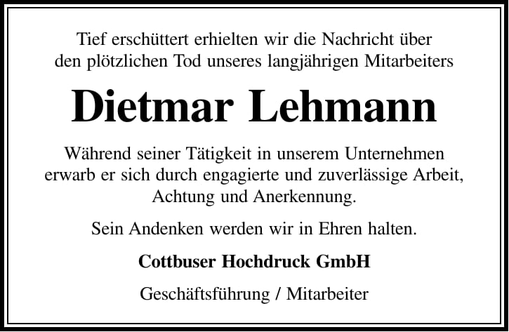 Nachruf Dietmar Lehmann