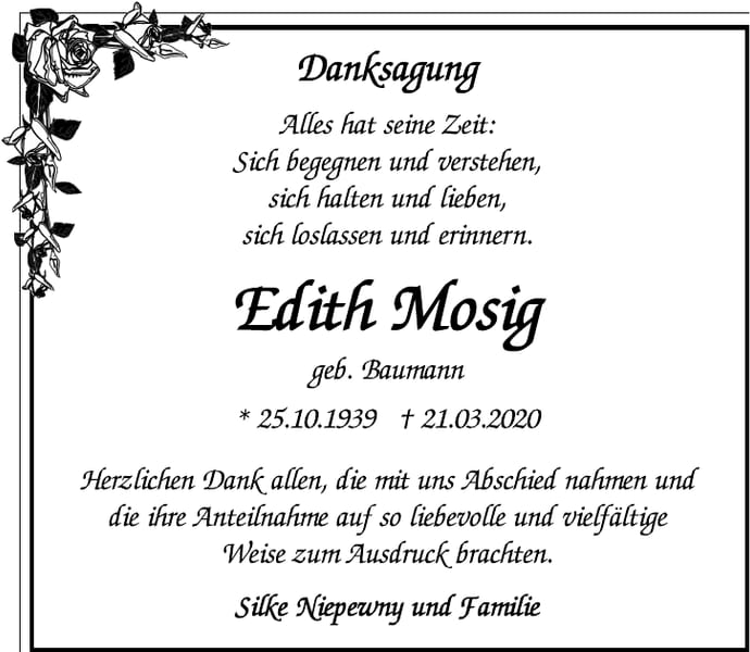 Danksagung Edith Mosig