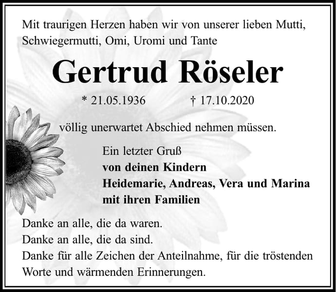 Danksagung Gertrud Röseler