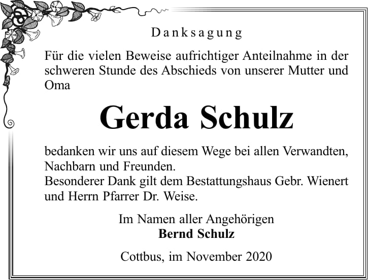 Danksagung Gerda Schulz