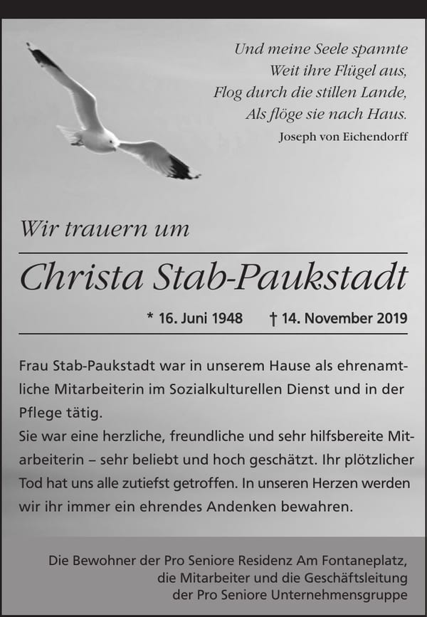 Traueranzeige Christa Stab-Paukstadt