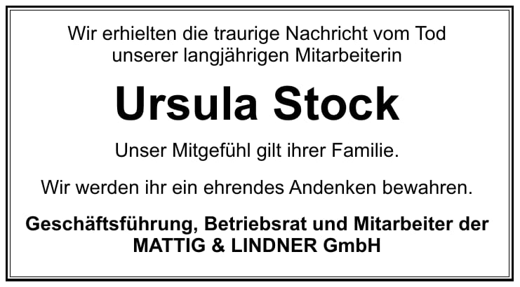 Nachruf Ursula Stock
