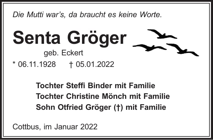 Traueranzeige Senta Gröger, geb. Eckert