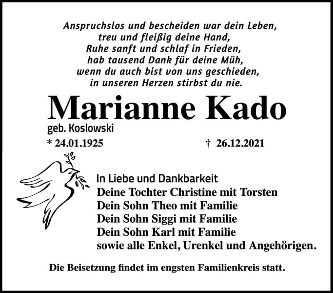 Traueranzeige Marianne Kado, geb. Koslowski
