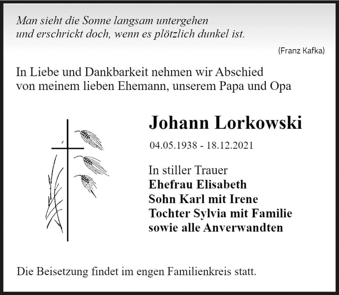 Traueranzeige Johann Lorkowski