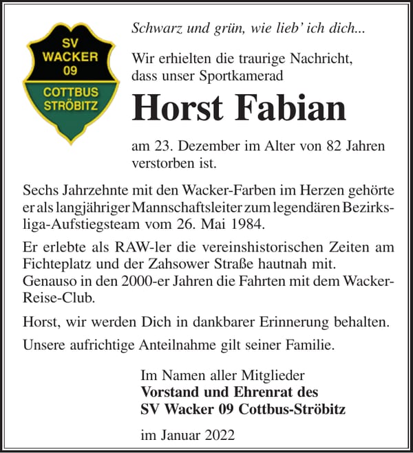 Nachruf Horst Fabian