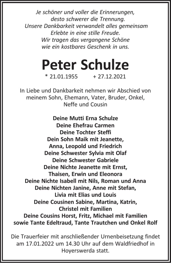 Traueranzeige Peter Schulze