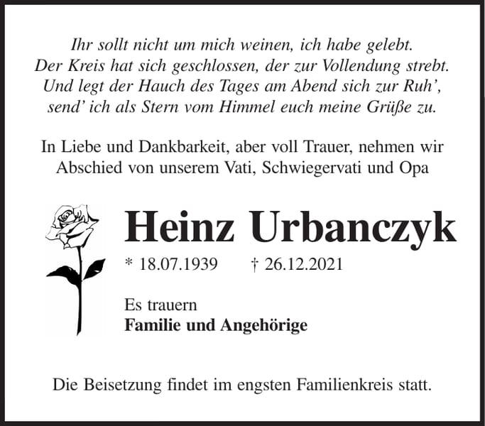 Traueranzeige Heinz Urbanczyk