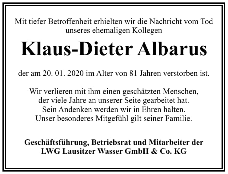 Traueranzeige Klaus-Dieter Albarus