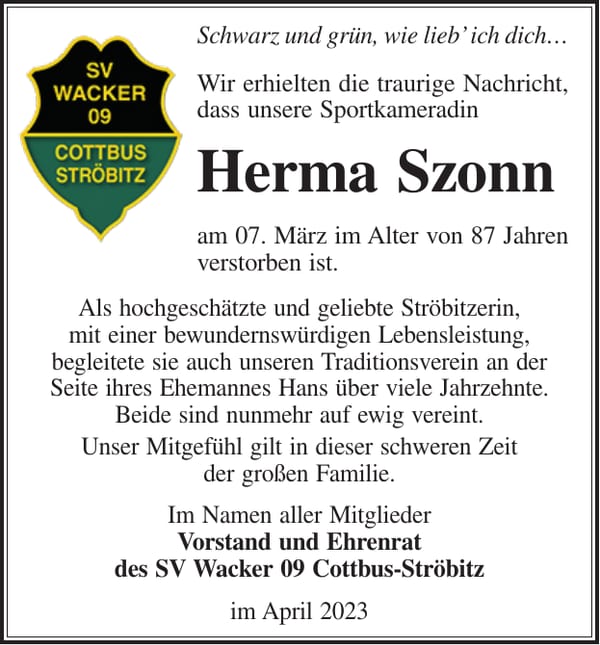 Nachruf Herma Szonn