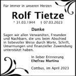 Danksagung Rolf Tietze