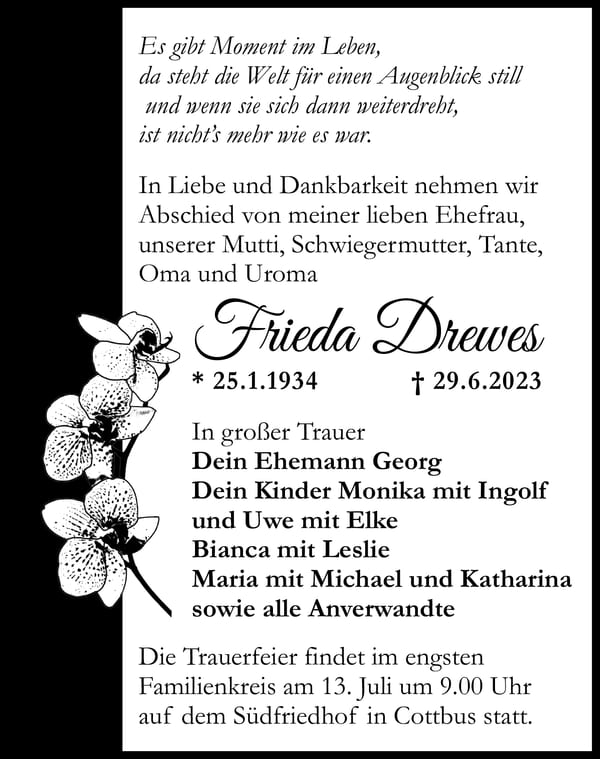 Traueranzeige Frieda Drewes