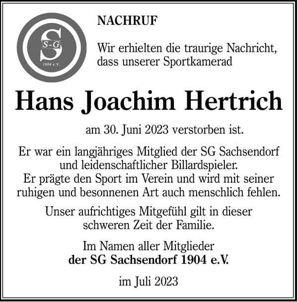 Nachruf Hans Joachim Hertrich