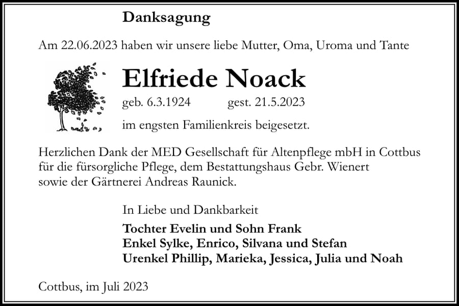 Danksagung Elfriede Noack