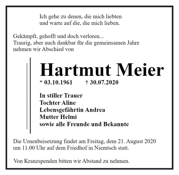 Traueranzeige Hartmut Meier