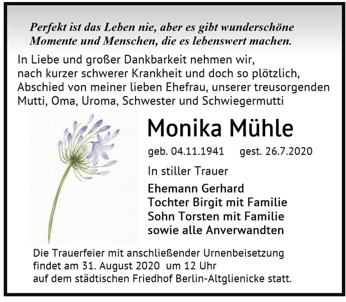 Traueranzeige Monika Mühle