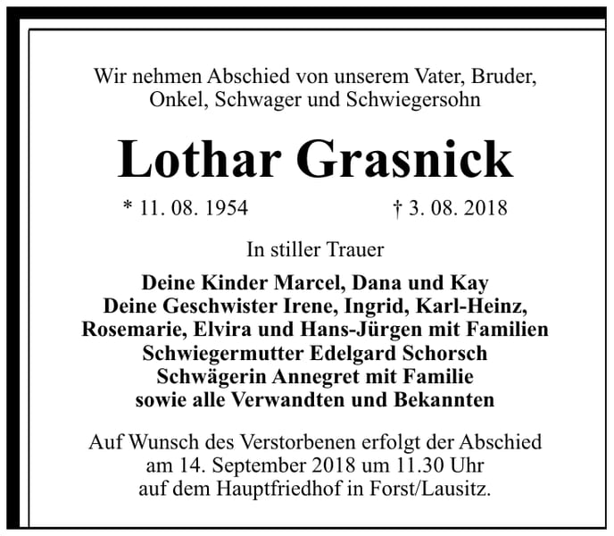 Traueranzeige Lothar Grasnick