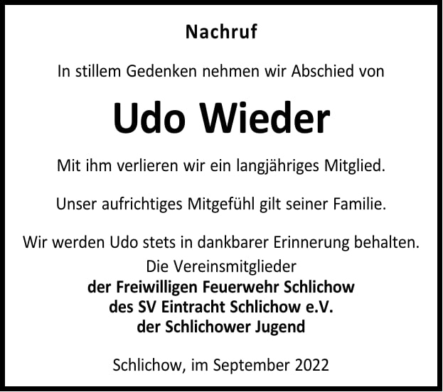 Nachruf Udo Wieder