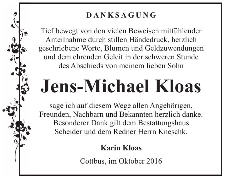 Danksagung Jens-Michael Kloas