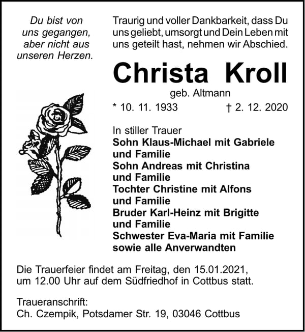 Traueranzeige Christa Kroll, geb. Altmann