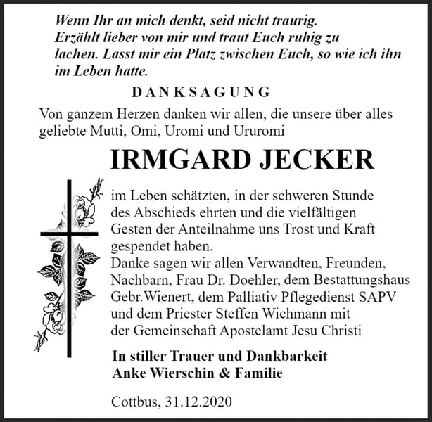 Traueranzeige Irmgard Jecker