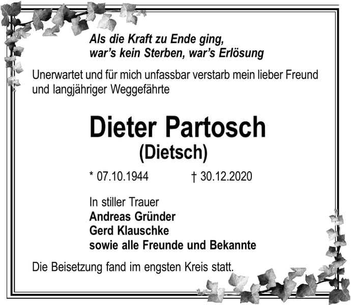 Traueranzeige Dieter Partosch