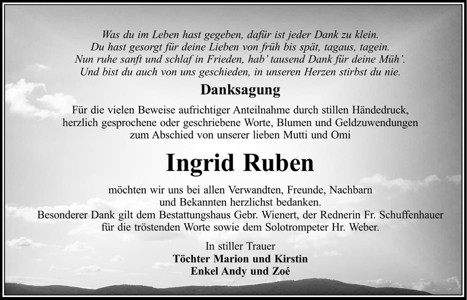 Danksagung Ingrid Ruben