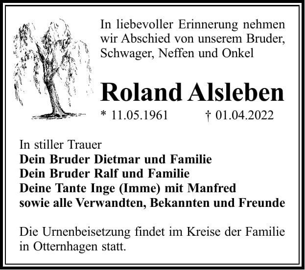 Traueranzeige Roland Alsleben