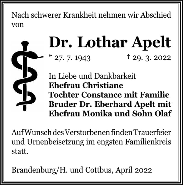 Traueranzeige Dr. Lothar Apelt