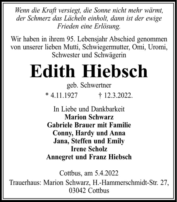 Traueranzeige Edith Hiebsch, geb. Schwertner