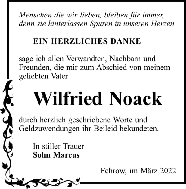 Danksagung Wilfried Noack