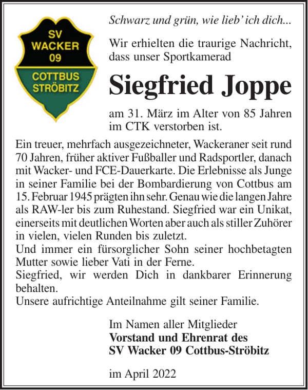 Nachruf Siegfried Joppe