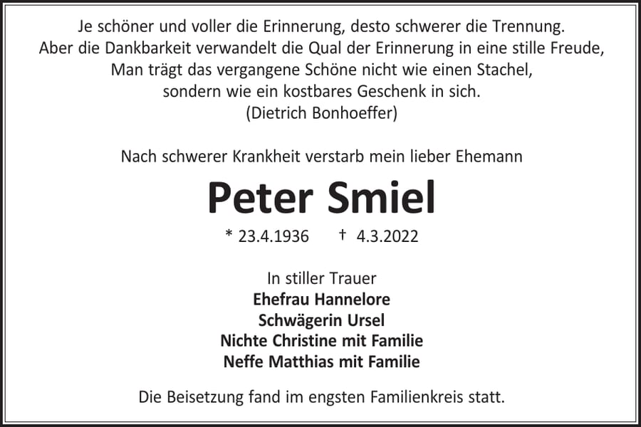 Traueranzeige Peter Smiel