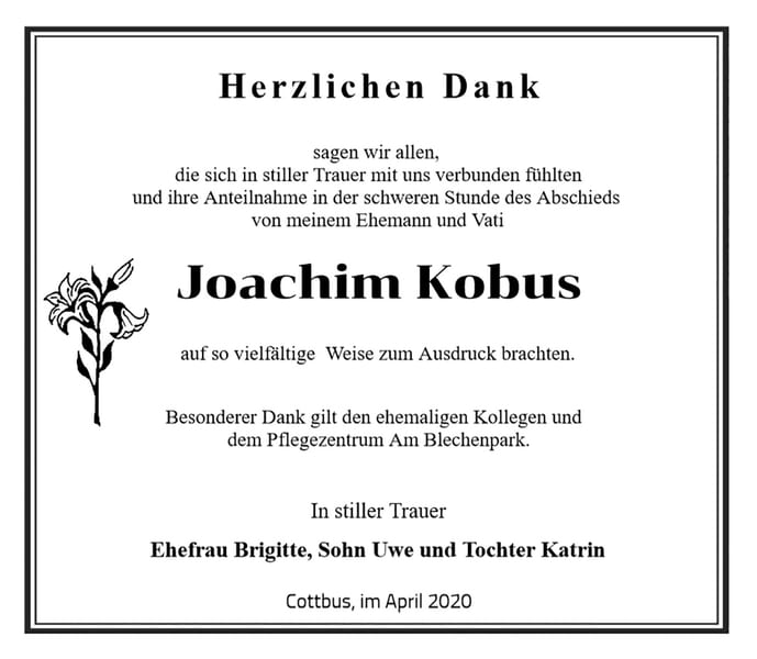 Traueranzeige Joachim Kobus