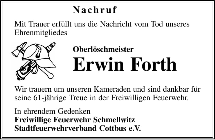 Traueranzeige Oberlöschmeister Erwin Forth